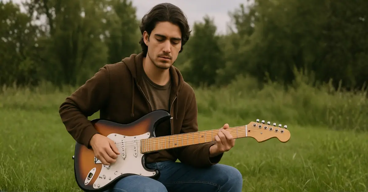Como desenvolver seu ouvido musical - Rapaz sentado na grama tocando guitarra elétrica sunburst em meio à natureza verdejante.
