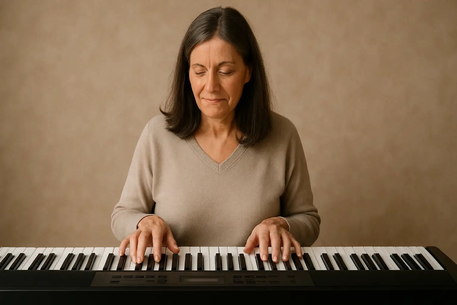 Mulher de meia-idade tocando teclado digital em ambiente neutro