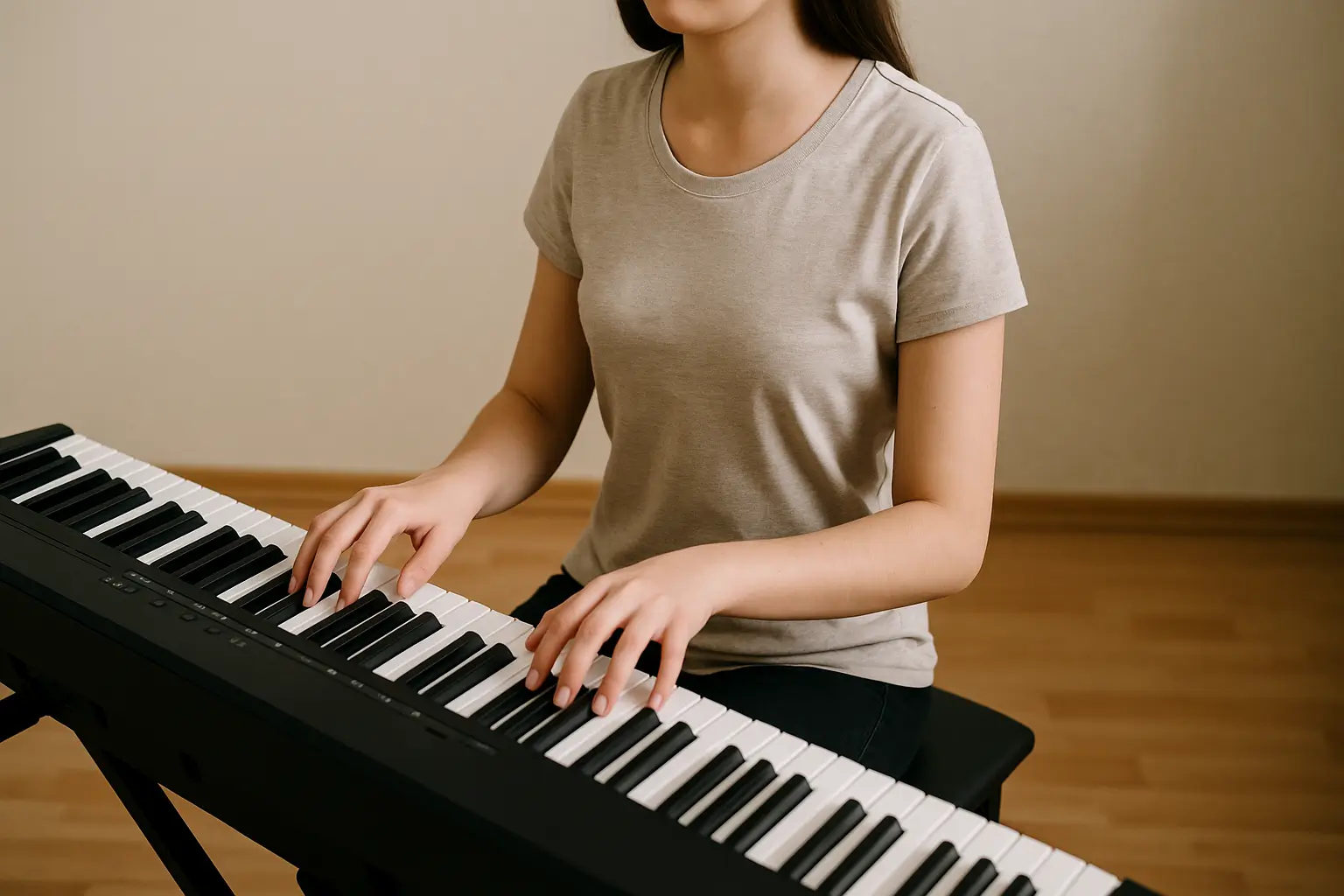 Jovem praticando teclado digital com postura correta e mãos posicionadas nas teclas.