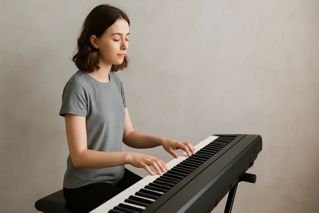 Jovem com olhos fechados praticando teclado digital em ambiente tranquilo.