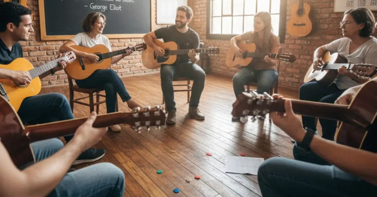 Aluno adulto concentrado praticando violão, com foco nas mãos e no instrumento, em um ambiente de aula acolhedor na Vila Augusta.