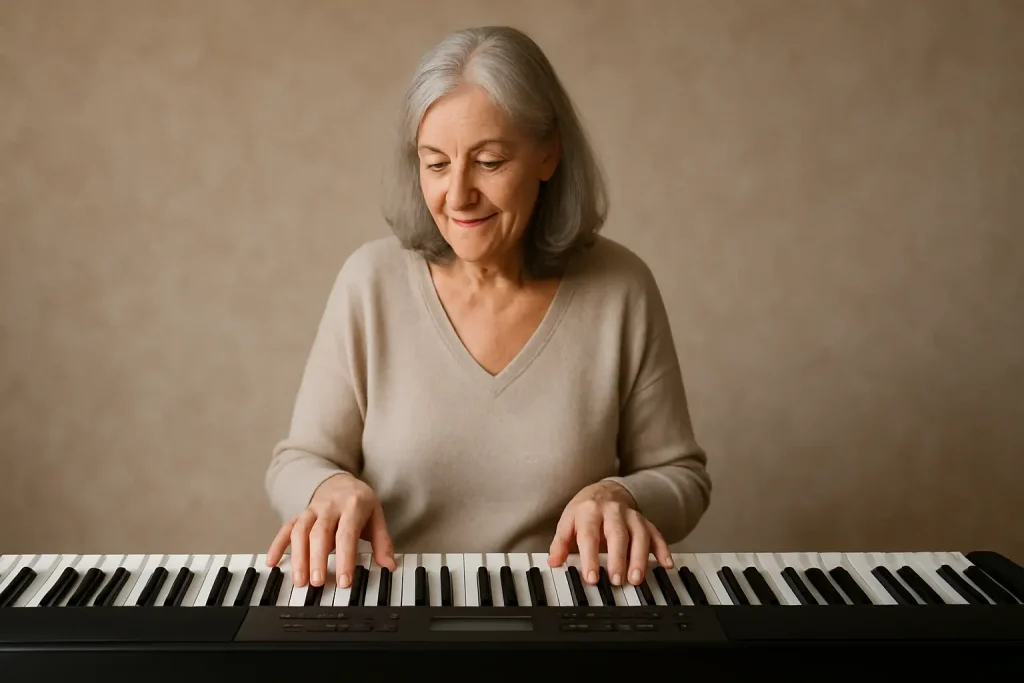Idosa sorridente tocando teclado digital com fundo bege suave