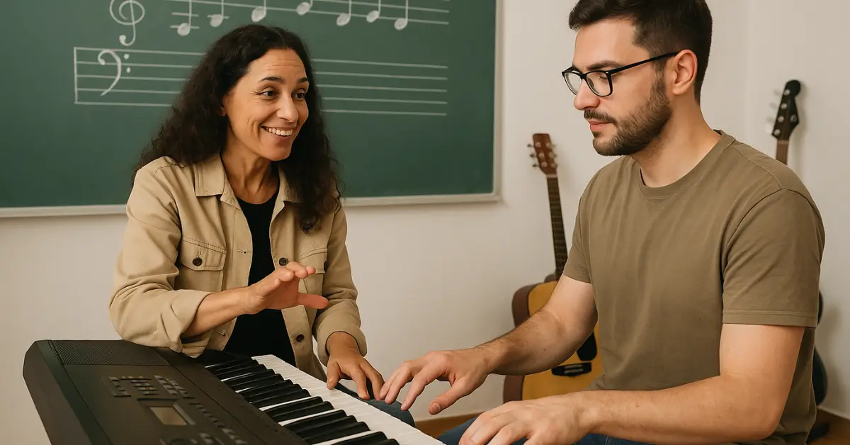 Professora orienta aluno adulto em aula de teclado com quadro musical ao fundo.