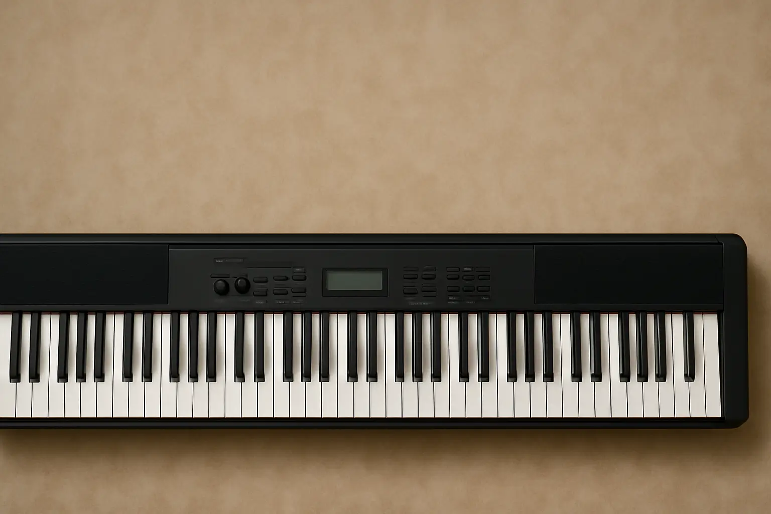 Teclado digital de 88 teclas com painel central iluminado sobre fundo bege