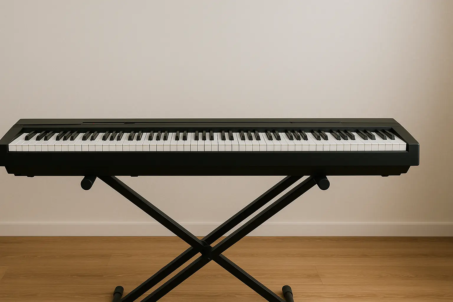 Teclado digital preto de 88 teclas sobre suporte metálico em chão de madeira.