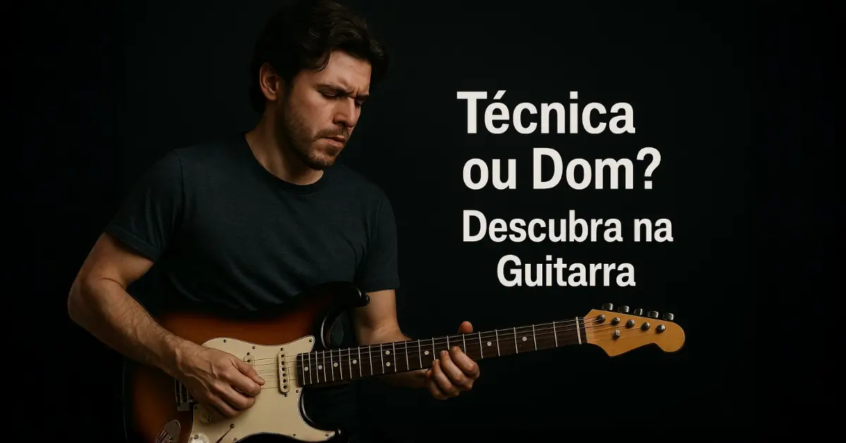 Guitarra com consciência - Jovem tocando guitarra elétrica com seriedade ao lado de texto provocativo sobre improvisação.