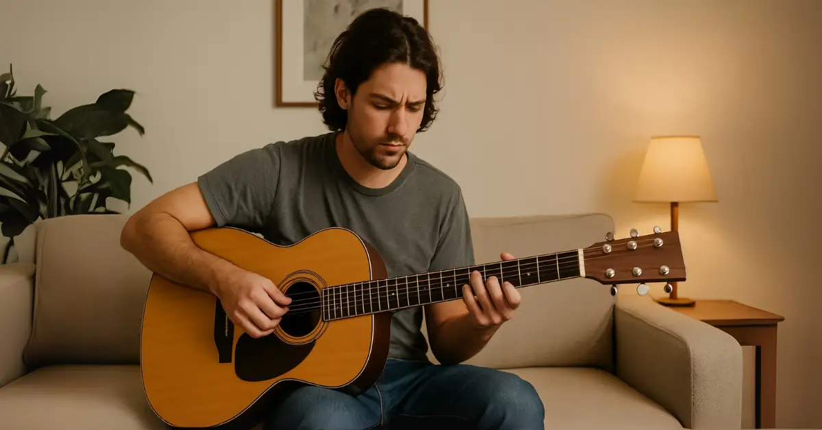 Jovem com cabelo ondulado tocando violão em ambiente aconchegante e bem iluminado.