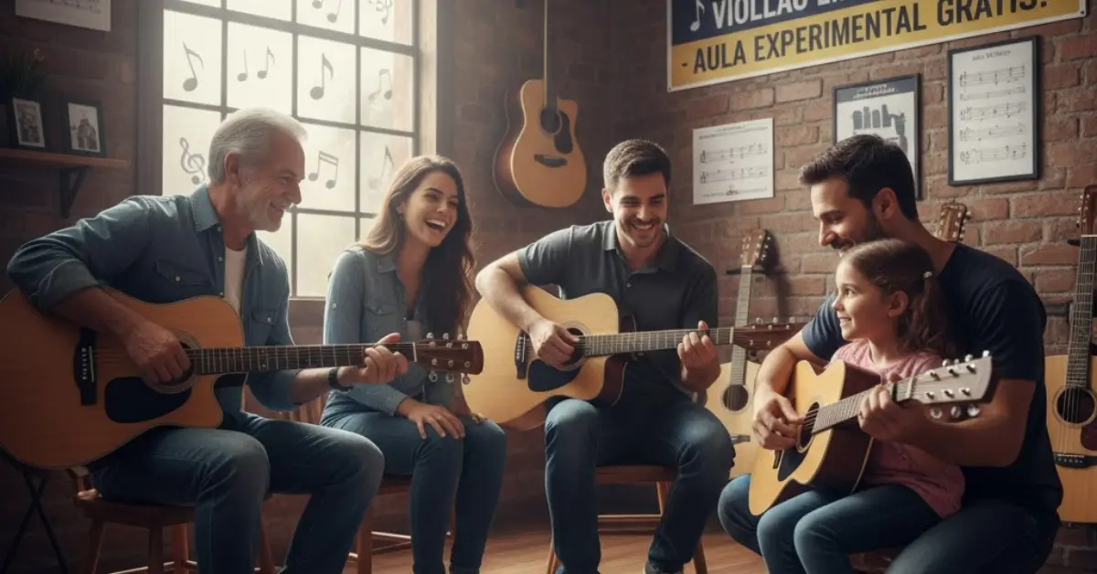 Uma imagem vibrante de uma turma de violão em Guarulhos, com alunos de diversas idades aprendendo e interagindo. O professor, no centro, demonstra uma técnica no violão, enquanto os estudantes o observam atentamente