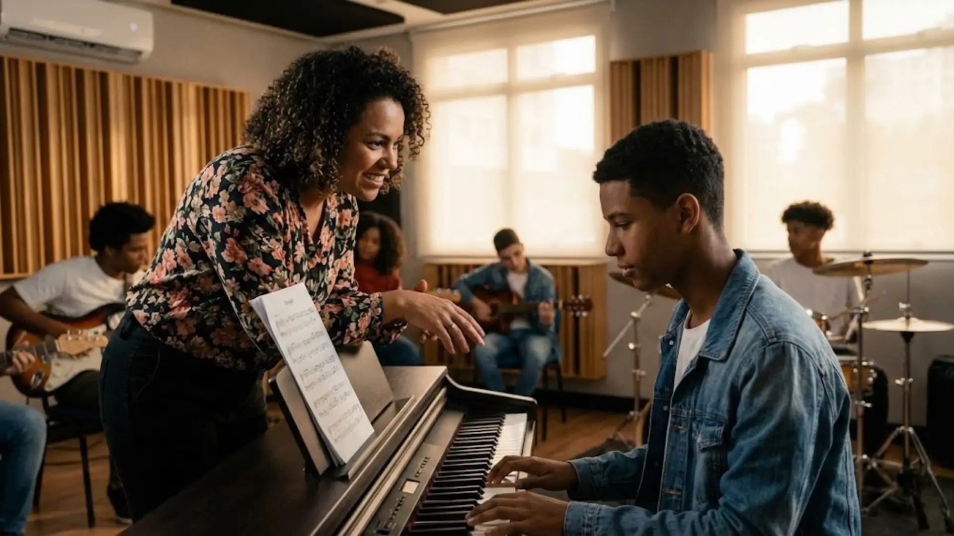 Aula de teclado gospel com professor e jovem aluno na M-Arts em Vila Augusta.