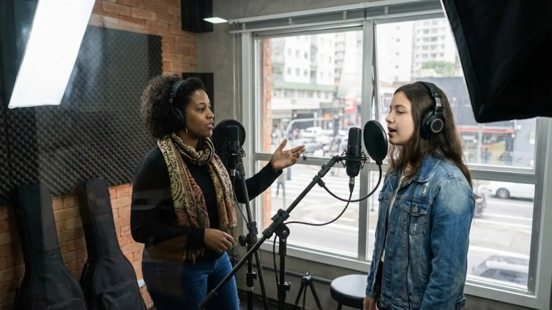 Aula de canto evangélico com professora e aluna na M-Arts.