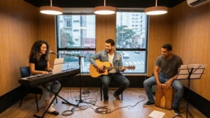 Grupo de jovens ensaiando banda gospel na escola M-Arts.