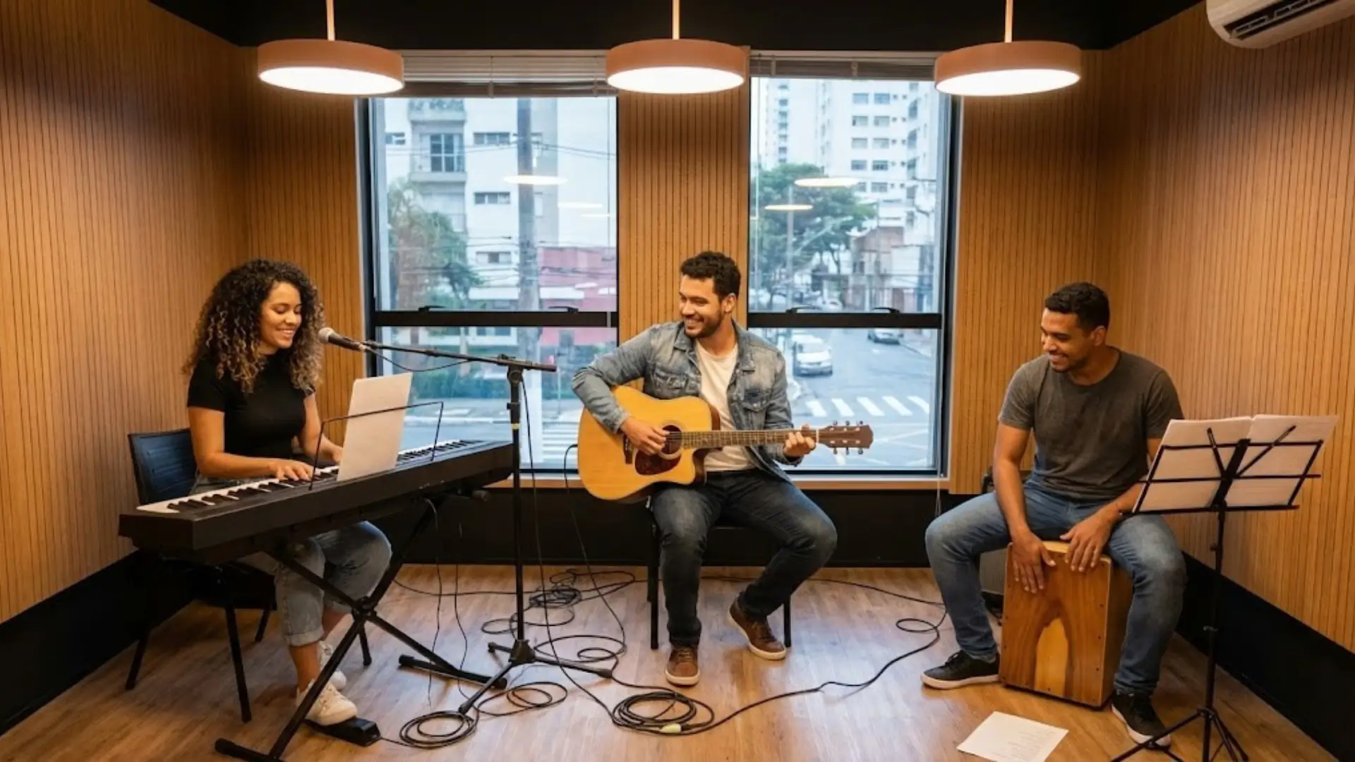Grupo de jovens ensaiando banda gospel na escola M-Arts.