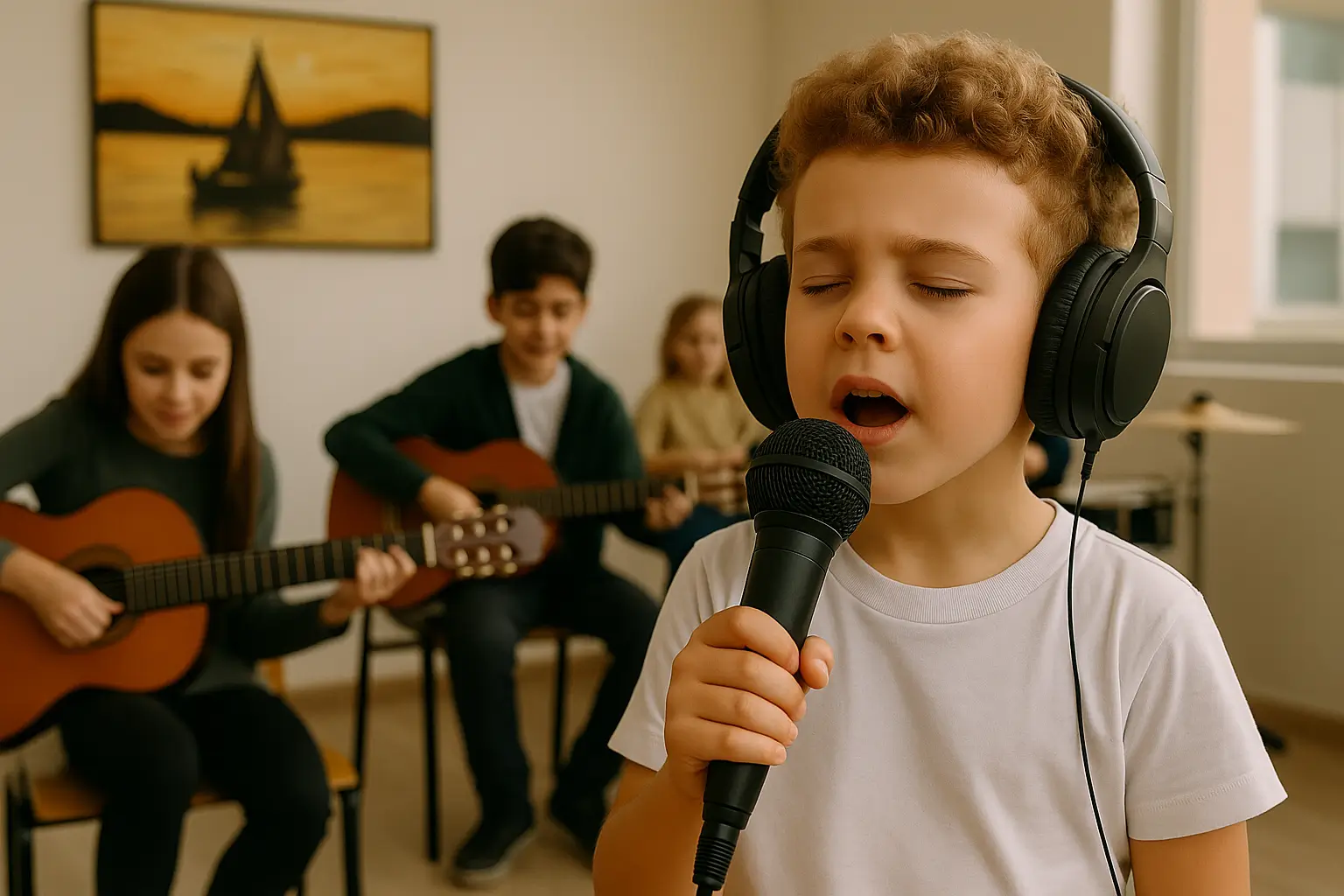 Menino de aproximadamente 6 anos cantando ao microfone em sala de música, usando fones de ouvido, enquanto outras crianças ao fundo aprendem violão em um ambiente escolar iluminado e acolhedor.