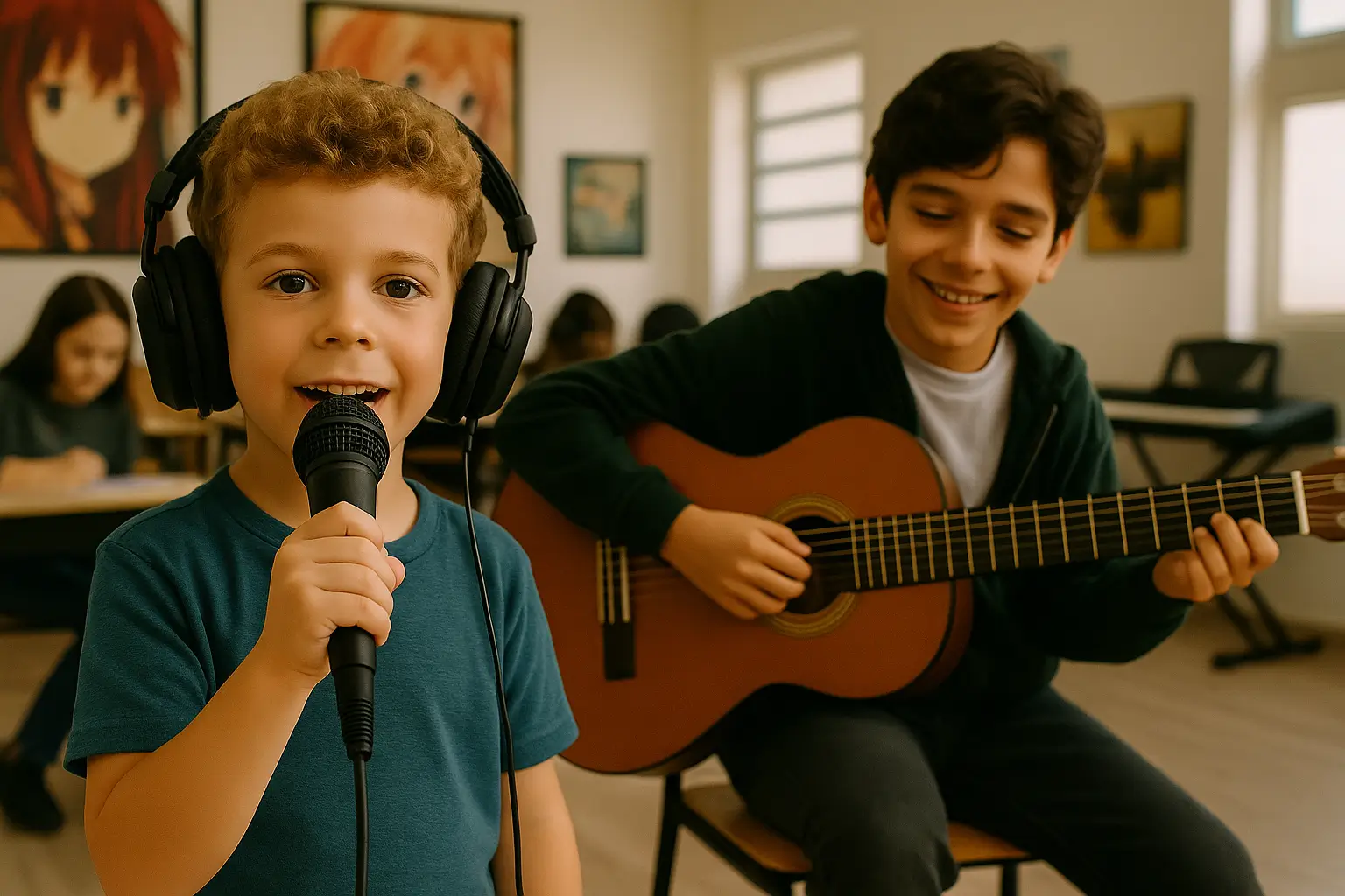 Três jovens em sala de música: um menino de aproximadamente 6 anos canta ao microfone usando fones grandes, enquanto dois outros alunos tocam violão ao fundo, todos em ambiente escolar iluminado e acolhedor.