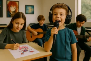 Quatro jovens em sala de música: um menino canta ao microfone usando fones de ouvido, enquanto uma menina desenha e dois alunos ao fundo tocam violão, todos em um ambiente iluminado e acolhedor