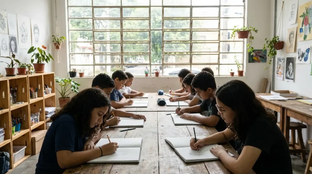 Aula de desenho presencial na Vila Augusta em Guarulhos com alunos desenvolvendo criatividade.