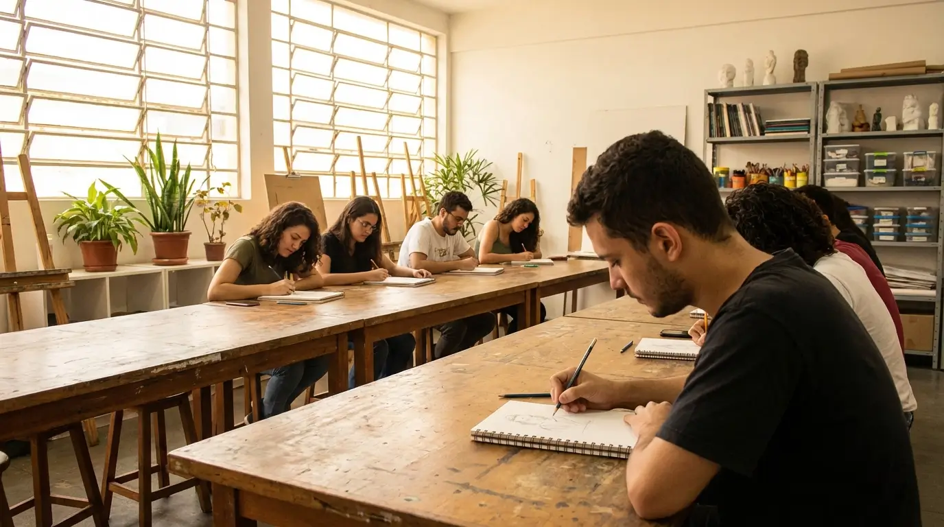 Aula de desenho presencial na Vila Augusta em Guarulhos com alunos desenvolvendo criatividade.