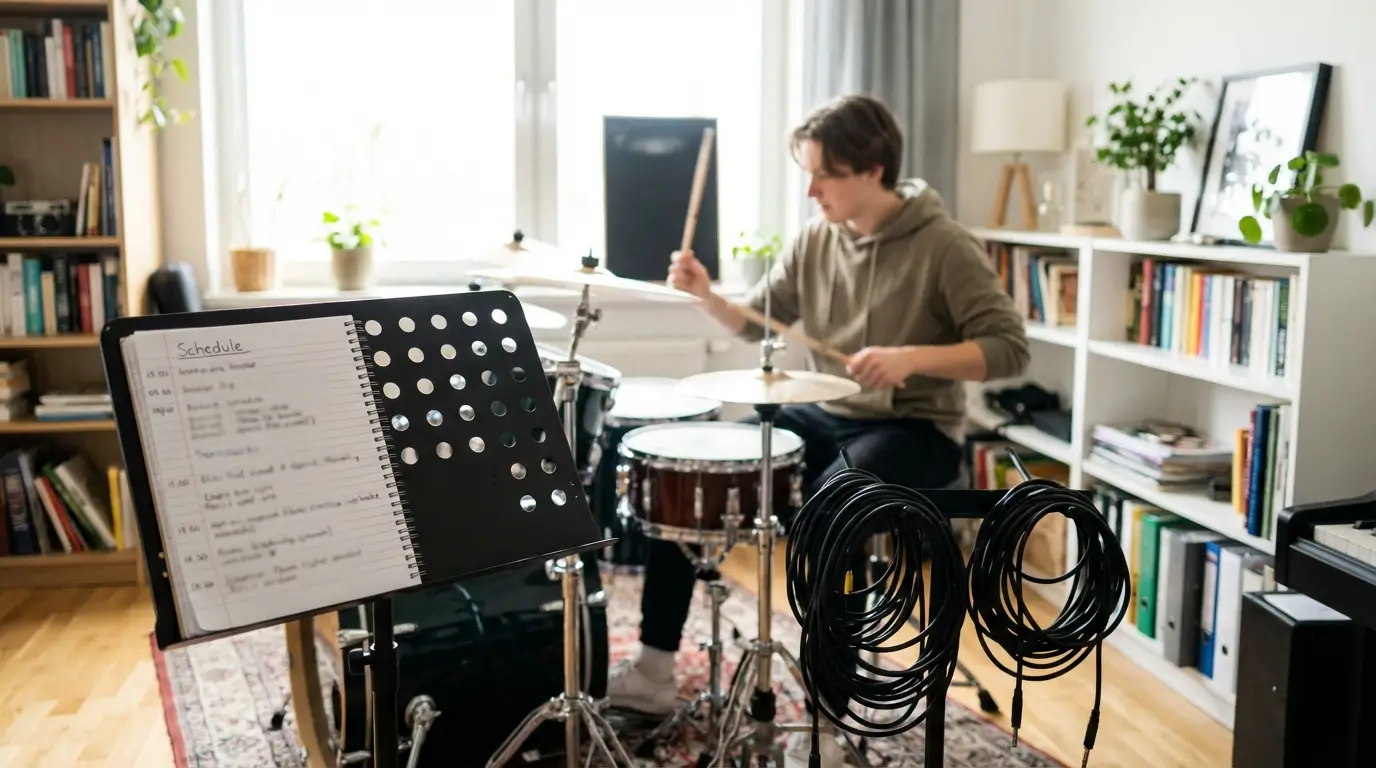 Aluno praticando bateria no início do ano em Guarulhos com foco em disciplina e evolução.