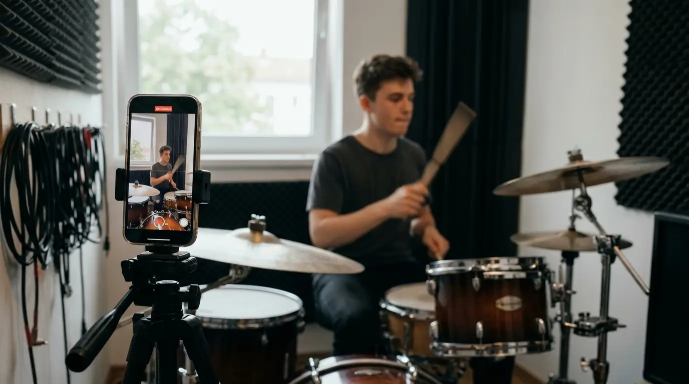 Baterista gravando vídeo para redes sociais com bateria em Guarulhos.