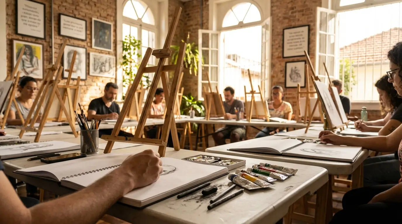 Estúdio de desenho presencial na Vila Augusta em Guarulhos com ambiente criativo organizado.