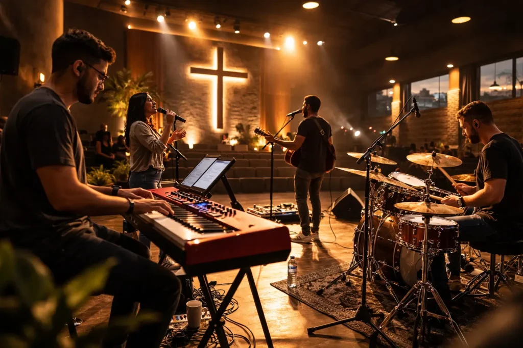 Teclado e violão tocando juntos em ensaio de ministério de louvor na Vila Augusta.