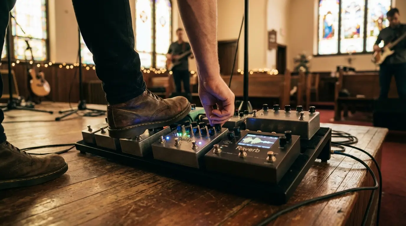 Pedais de guitarra usados no worship durante ensaio de louvor em Guarulhos.