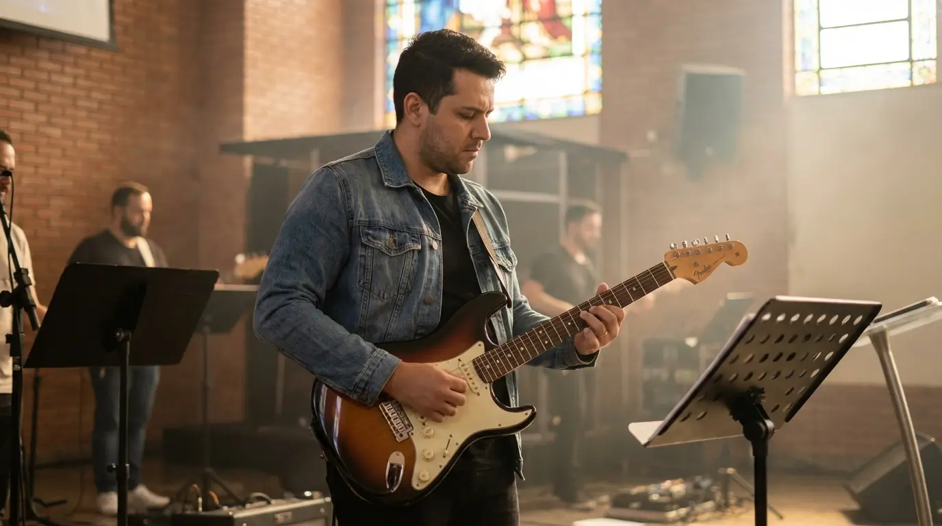 Guitarrista de louvor tocando em igreja na Vila Augusta em Guarulhos durante ensaio worship.