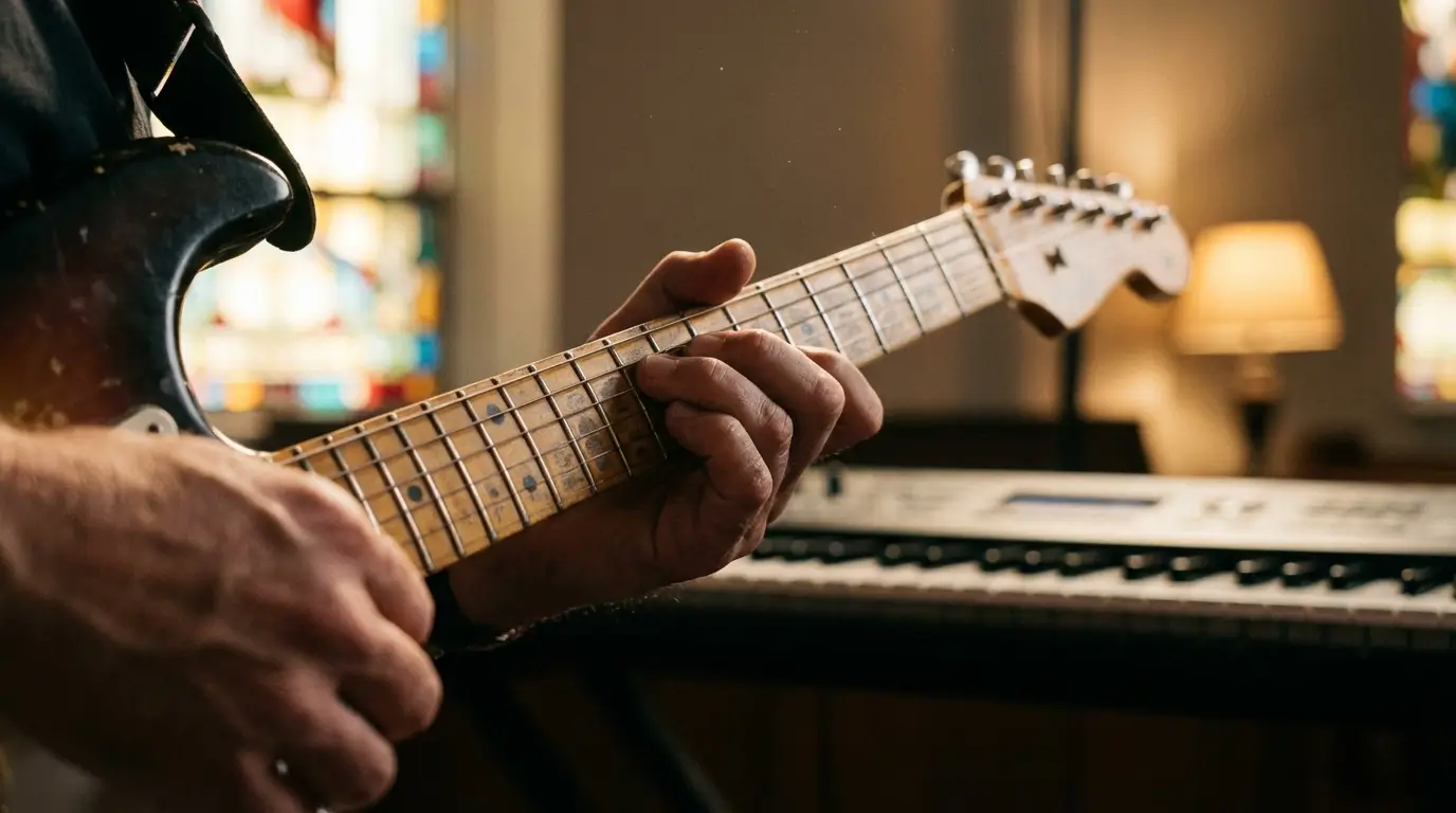 Guitarrista tocando acordes de louvor durante ensaio na Vila Augusta em Guarulhos.
