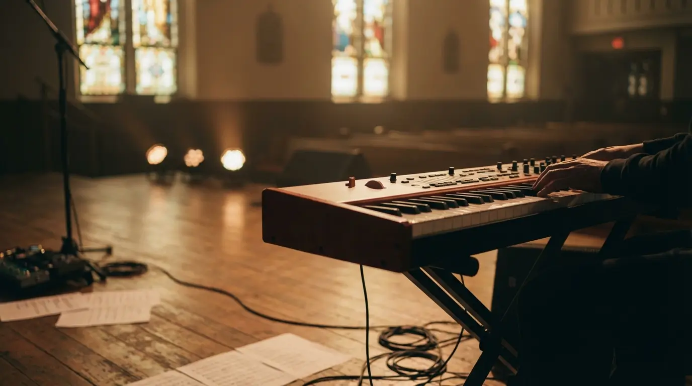 Teclado em ambiente de igreja durante ensaio worship em Guarulhos.